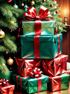 Abstract illustration of wrapped Christmas gifts, shiny ribbons and bows, stacked under a evergreen