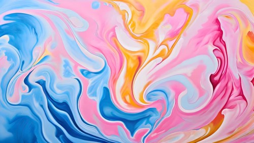 Abstract painting with fluid swirling pastel colors of pin, k blue and yellow, AI generated