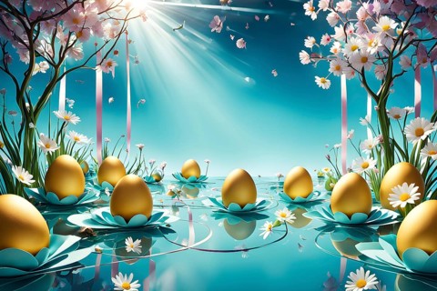 Surreal Easter scene with floating eggs, ribbons, and flowers in a dreamlike, whimsical composition