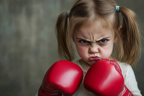 Angry young girl child with large red boxing gloves. Generative Ai, AI generated