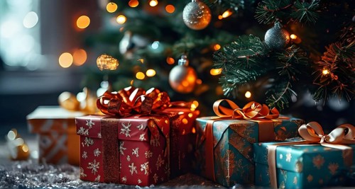 Beautiful wrapped Christmas gifts with shiny ribbons and bows stacked under a evergreen tree in a