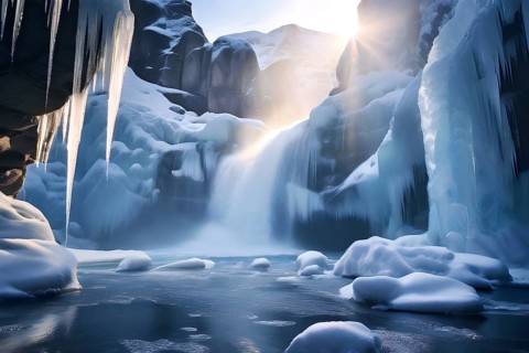 Winter landscape of a frozen waterfall, surrounded by icicles and snow-covered rocks, with the
