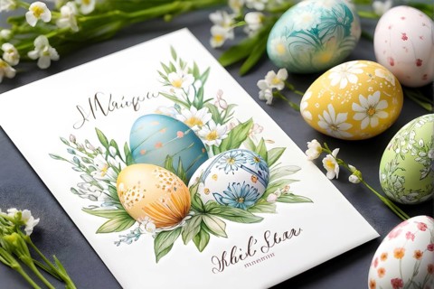 Easter card with delicate hand-drawn illustrations, placed among fresh flowers and decorated eggs,