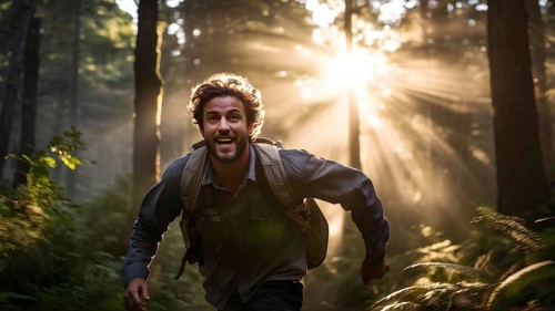 Man caught in a streak of urgency darting through an upland forest at the first light of dawn, AI