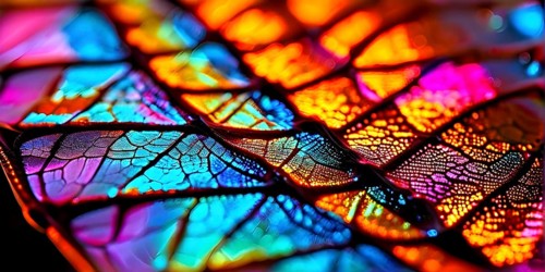 Vibrant butterfly wing with iridescent scales and network of veins, AI generated