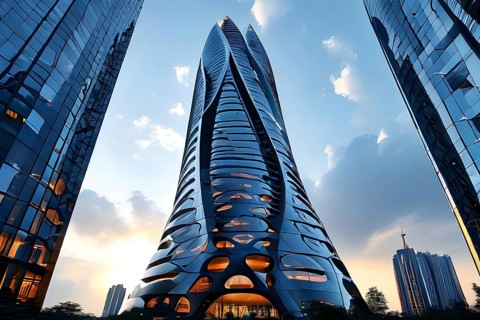 Futuristic skyscraper with termite mounds for natural ventilation and energy efficiency, AI