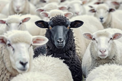 Close up of single black sheep between flock of white sheep. Generative Ai, AI generated