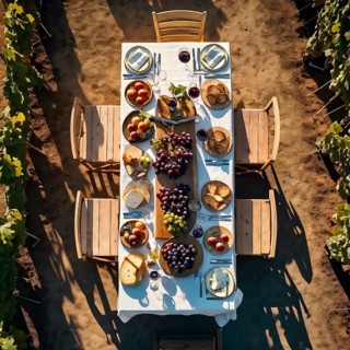 AI generated aerial view capturing a wine tasting table set