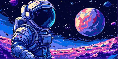 Pixel art illustration of an astronaut outside in the infinite expanse of space, AI generated