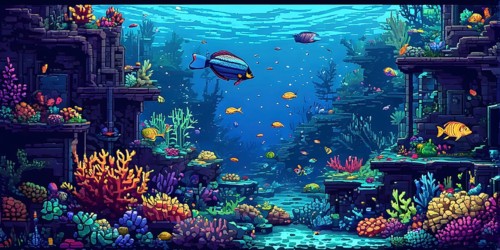 Pixel art illustration of vibrant corals and fish teeming with life around a sunken ship, AI