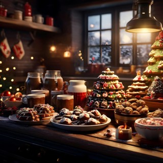Kitchen counter filled with Christmas cookies, gingerbread houses, and mugs of hot chocolate, with