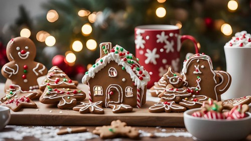Kitchen counter filled with Christmas cookies, gingerbread houses, and mugs of hot chocolate, with
