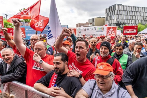 Demonstration by many thousands of steelworkers in front of the ThyssenKrupp headquarters in Essen