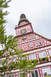 Close-up of a half-timbered house with green plants in front of a church tower, Kirchheim Teck,