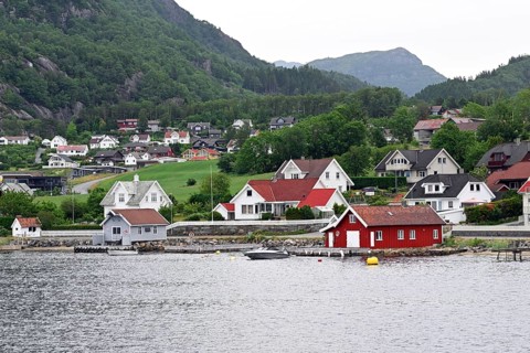 View of Lysefjord and Forsand village, Norway, Europe