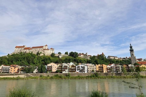 Panorama of the old town with river Salzach and castle, Burghausen, district of Altötting, Upper