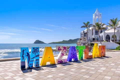 Mazatlan, Mexico, 10 September, 2021: Big Mazatlan Letters at the entrance to Golden Zone (Zona