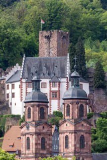 View over the Main to the castle and the old town with the parish church of St James. Miltenberg,
