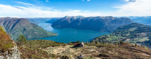 Farm Svarthiller above the Sognefjord (inner branch Lustrafjord), on hike to summit of Molden,