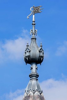 Spire with wind vane, weather vane on tower of the 1750 Poeke Castle, Kasteel van Poeke in Rococo