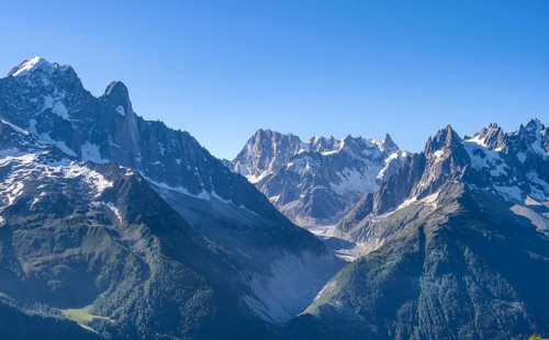 Mountain landscape with mountain peak Grandes Jorasses and glacier Mer de Glace, Mont Blanc massif,
