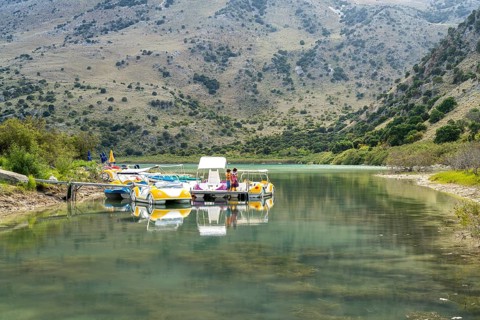 Pedal boat on Lake Kournas near Georgioupoli, Crete, Greece, Europe