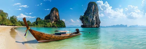 Long tail boat, asian vacation onf Thailand Islands. Tropical beach with limestone rocks, AI