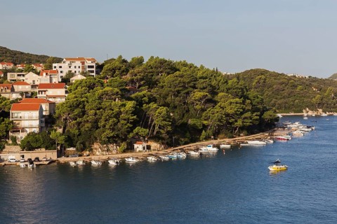 High angle view of tan and white trim houses and villas with traditional terracotta clay tile
