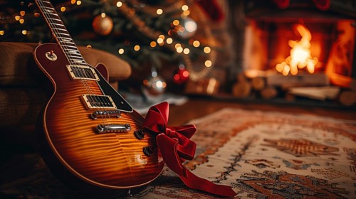 Brand new electric guitar christmas gift with a red bow under the tree. generative AI., AI