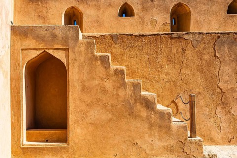 Staircase and embrasures in the palace fortress of Jabrin, Jabrin, near the city of Bahla, Arabian