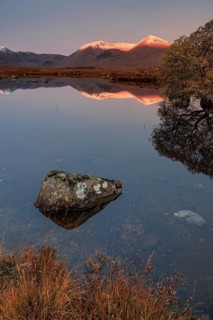 Mountains reflected in lake, morning light, morning mood, still, autumn, snowy, Lochan na