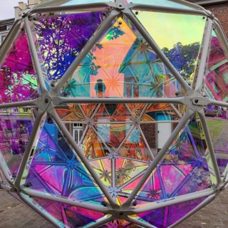 Marollescenece, art installation, title Dichroic Moon, object with a dichroic foil coating, Rue de