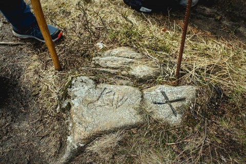 Boundary stones at the county border, Bavarian Forest, Bavaria, Germany, Europe