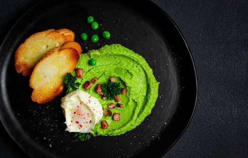 Mashed peas, with boiled egg, fried bacon, toast, baguette, breakfast, homemade, no people
