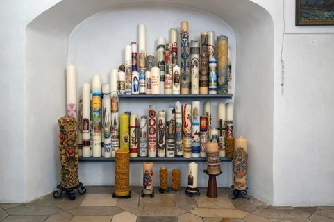 Sacrificial candles offered for sale in the pilgrimage basilica Maria Brünnlein, Wemding, Swabia