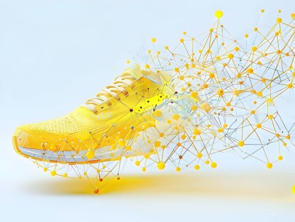 Running shoe, breaking into pixels and data points, morphing into a network of neural nodes, AI