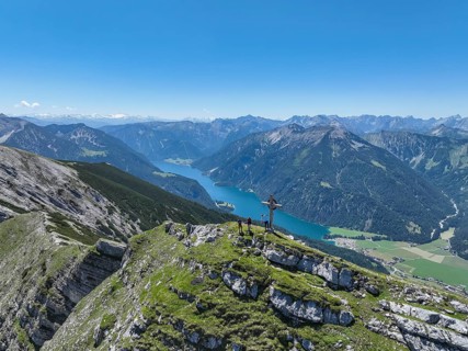 Aerial view, summit of the Unnütz, behind Achensee and Seekarspitze, Unnütz crossing, Brandenberg
