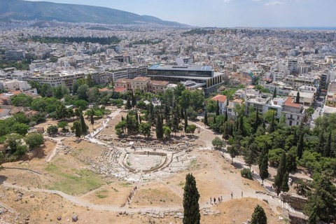 View from the Acropolis to the Theatre of Dionysus, the Acropolis Museum and Athens, Greece, Europe
