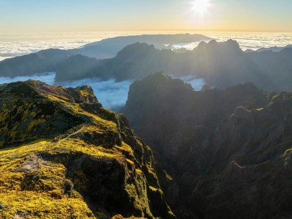Aerial view at Pico do Arieiro of mountains over clouds with blooming Cytisus shrubs on sunset with