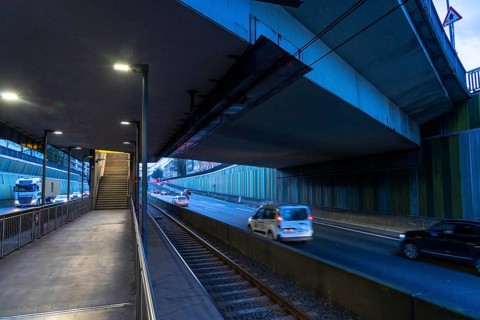 Underground station, Breslauer Straße U18, in the middle of the A40 motorway, Essen city centre,