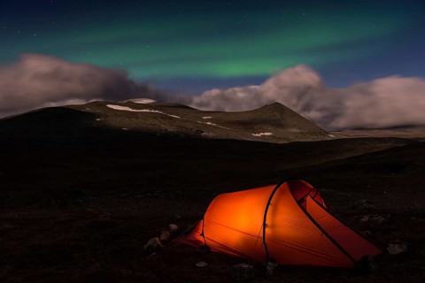 Tent in mountain landscape, Sarek National Park, World Heritage Laponia, Norrbotten, Lapland,