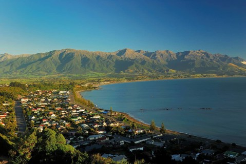 View of Kaikoura with Kaikoura Range, Pacific Ocean, Canterbury, South Island New Zealand,