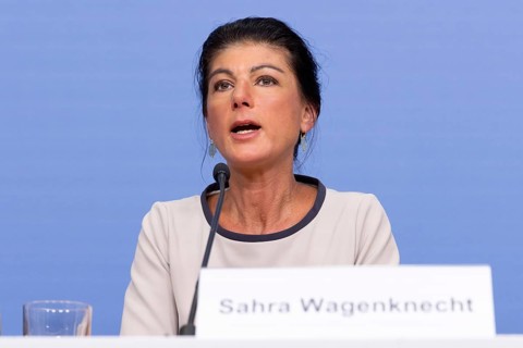 Sahra Wagenknecht, Chairwoman of the Sahra Wagenknecht Alliance (BSW), at a press conference after