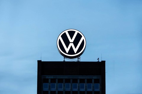 VW logo on the brand tower at the Group headquarters in Wolfsburg, 29/09/2024. The Volkswagen Group