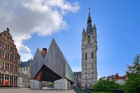 14th century Ghent Belfry and the City Pavilion, Ghent, Flanders, Belgium, Europe