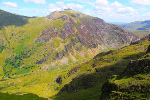 Looking down to Llanberis Pass from Mount Snowdon, Gwynedd, Snowdonia, north Wales, UK
