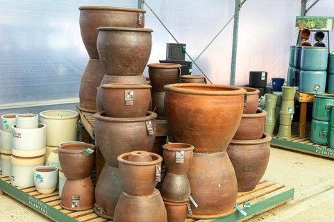 Earthenware natural clay frost proof planter pots made by Woodlodge at Swanns Nursery garden