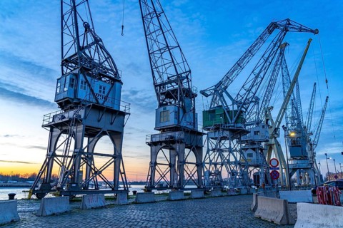 Harbour cranes on the Scheldekai, the world's largest collection of historic cranes, are part of