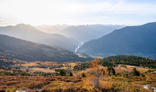 View of the mountain panorama and the Upper Inn Valley in the morning light, Krahberg on the Venet