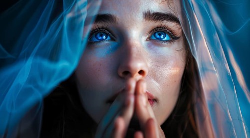 Christian praying in church for Jesus Christ. Spiritual Extasy and religious devotion concept, AI